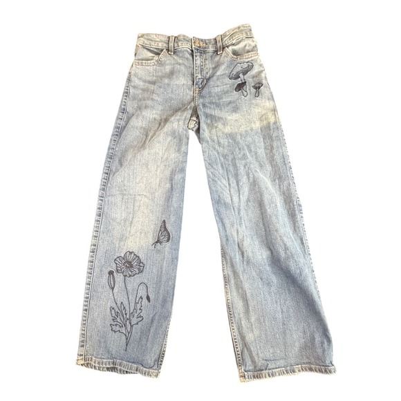 Abercrombie & Fitch Denim - Abercrombie & Fitch Wide Leg Jeans Light Wash Mushroom Poppy Embroidered Womens